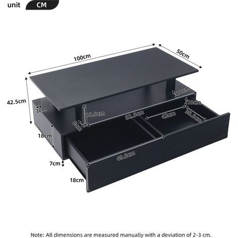 Mesa de centro LED negra 100x50x42,5 cm con almacenaje y 2 cajones, acrílico MEUBLIV (1/5)