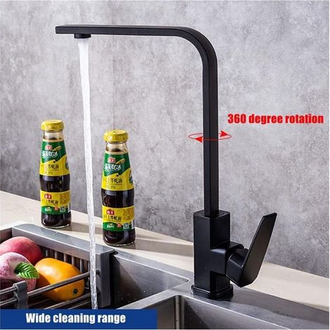 Robinet de cuisine carré noir mat/Chorme, robinet d'évier de cuisine chaud et froid, mitigeur rotatif à 360 degrés, robinet d'eau monté sur le pont (Color : Nero) (1/5)