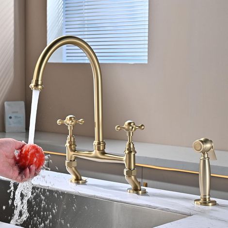 Robinet de Cuisine avec Douchette Latérale, Rétro Cuisine Robinet, 3 Trous 2 Poignée Transversale Mitigeur Cuisine pour Eau Froide et Chaude, Laiton (1/5)