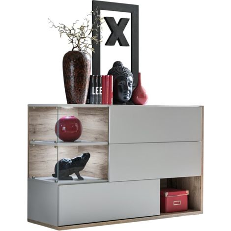 Buffet, Sideboard, Anrichte KLIS mit drei Türen und drei Fächern. Farbe Perlgrau und Eiche. Designstil.