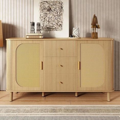 Buffet bas - KOMHTOM - 140x40x80 cm - Portes en rotin - Tiroirs 3D ondulés - Pieds métalliques finition bois (1/5)