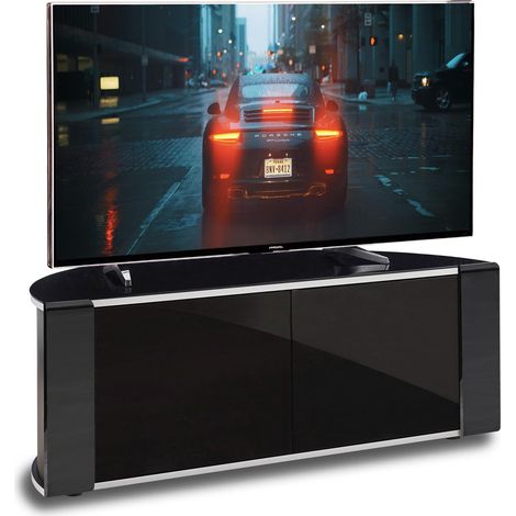 MDA Designs Sirius 850 Remote Friendly Beam Thru Glass Door Gloss Piano Black with Black Front Profiles & Silver Trim up to 40" LCD/Plasma/LED Cabinet TV Stand (1/5)