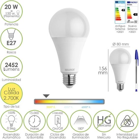 bombilla led estandar rosca e27. 20  watt. equivale a 150 watt. 2452 lumenes. luz calida (3000º k.)