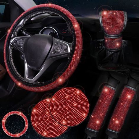 Accessoire Voiture - Lot 7 Pièces Rouge - Housse Volant 15 Pouces - Coussin Ceinture Sécurité - Couvercle Levier Vitesse - Anneau Bouton Démarrage - Sous-verre Auto (1/5)