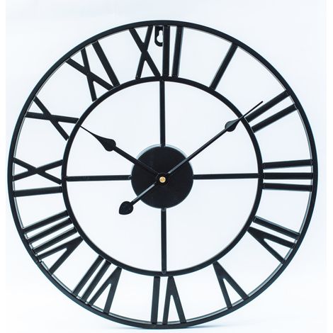Horloge murale vintage européenne en métal avec chiffres romains, silencieuse (sans tic-tac), idéale pour la décoration du salon ou de la cuisine (47 cm, noire)