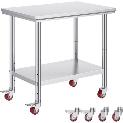 Table de travail en acier inoxydable 35x24x33 pouces, charge 300 lbs, 4 roues, 3 hauteurs réglables, pour cuisine professionnelle. (1/5)