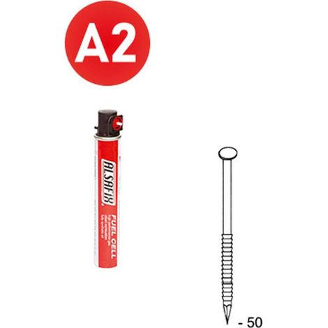 2 200 Pointes Annelées Inox en Bande 34° (Pack) - 2.8x50 mm + 2 Cartouches de Gaz Rouge - D-Work