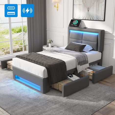 MEUBLIV Bett 90x200 cm Grau - LED, USB, 4 Schubladen, ohne Matratze (1/5)