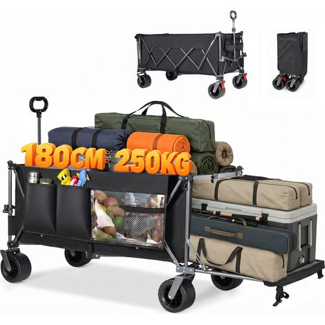 Chariot pliable 300L + 120L avec hayon, chariot pliable de 180 cm avec roues tout-terrain extra larges de 17 x 10 cm, idéal pour le jardin, les courses, la plage et les activités de plein air (noir) (1/5)
