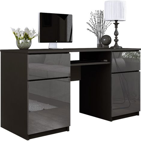 Bureau : 2 Tiroirs, Noir Mat/ Gris Brillant, 135 x 77 x 50 cm (1/5)