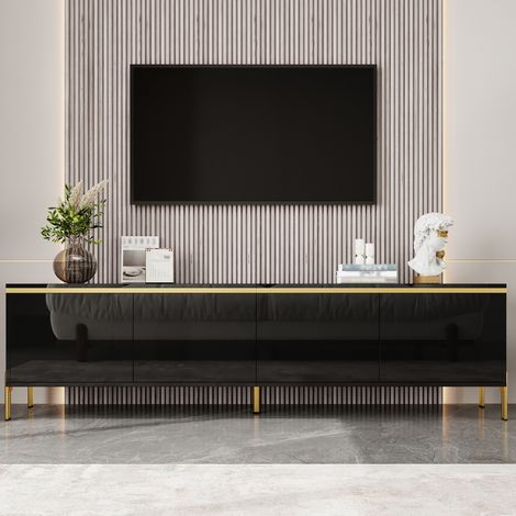 TV-Schrank 170x38x50 cm Schwarz aus Holzwerkstoff mit Hochglanzfronten, 4 Türen und Kabeldurchführungen (1/5)