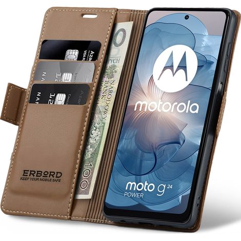 Custodia per Motorola Moto G24 / G24 Power / G04, erbord Glossy Litchi, portafoglio con patta, marrone (1/5)