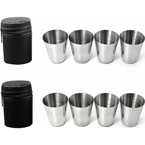 Schnapsglas, 8 Stück Edelstahl-Schnapsglas, 2 Stück Lederetui mit Reißverschluss, Schnapsgläser für Reisen, Camping, Trinken, Bier, Whisky, Rum, Cognac, Kaffee