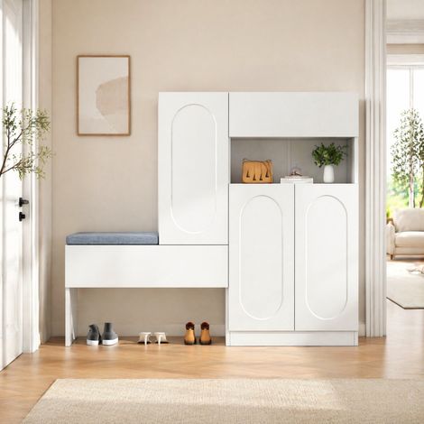 Meuble chaussures 2-en-1 avec banc, soft-close, blanc 130 x 35 x 110 cm HAVRYA (1/5)