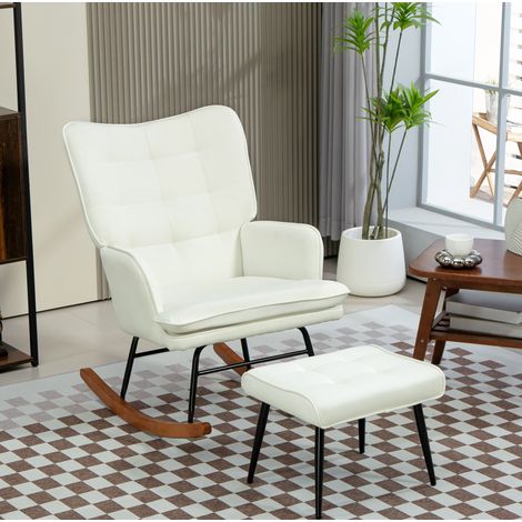 Chaise à bascule avec repose-pieds en polyester blanc crème, structure acier et hêtre, 64 x 89 x 90 cm (1/5)