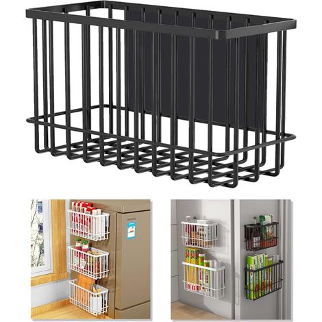 Organiseur magnétique pour réfrigérateur - Panier de cuisine en métal avec fermeture à glissière - Organiseur de rangement (Black-High) (1/5)