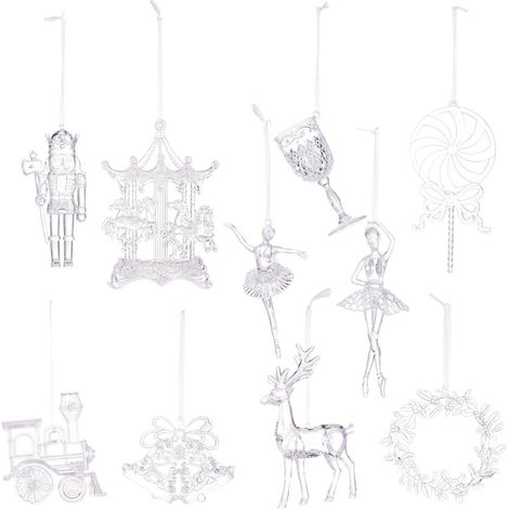 Juego de 10 adornos navideños de acrílico transparente: cascanueces, carrusel, bailarina, reno y tren. Adornos colgantes. (1/5)