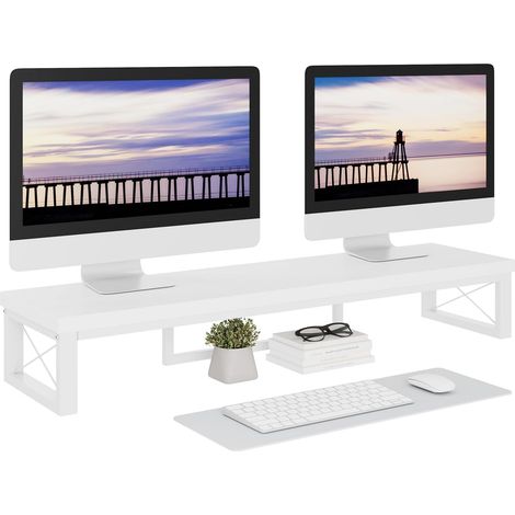 Support pour Double écran Moniteur, Support de Bureau en Bois de 97 cm, Bureau avec Double écran, Adapté aux PC, Imprimantes, Ordinateurs Portables, TV, Blanc TDJ002 (1/5)