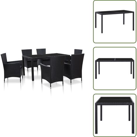 7-tlg. Garten-Essgruppe Poly Rattan Schwarz - Gartensessel - Gartenstuhl - Rattan Möbel - Outdoor Küche - Terrasse Dekoration (1/5)