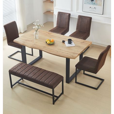 Hallowood Furniture Cullompton Large Dining Table with Bench and Chairs Set, Live Edge Effect Kitchen Table with Brown Bench and 4 Chairs, Modern Dining Set for Home and Restaurant (1/5)