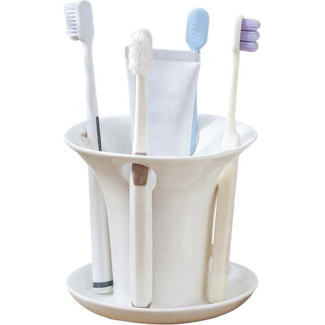 Support Brosse À Dents Vertical Base Drainante Stable En Céramique Avec Organisateur Comptoir Pour Brosse À Dents Pour Dentifrice, Stylo, Peigne, Rasoir, Bureau, Maison, Dortoir (1/5)