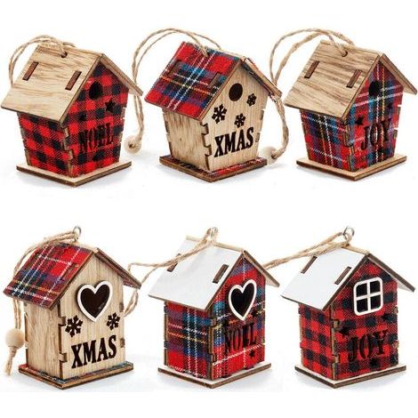 Déco de Noël 6 pièces cabane en bois rose magenta, suspension arbre de Noël miniature, ornement mural en bois pour maison, pendentif artisanal de fête (1/5)