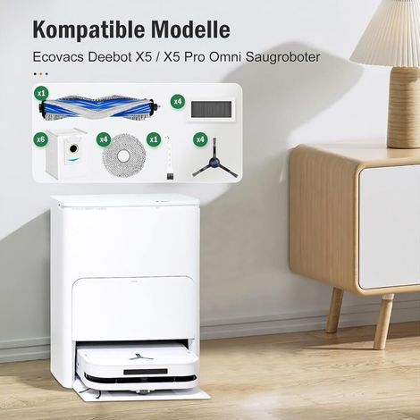 Lot de 20 Accessoires pour Robot Aspirateur Ecovacs Deebot X5 Omni, 1 Brosse Principale, 6 Sacs à Poussière, 4 Lingettes, 4 Filtres, 4 Brosses Latérales, 1 Brosse de Nettoyage (1/3)