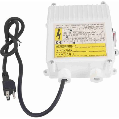 Coffret de commande pour pompe submersible de puits profond et pompe aspirante domestique, disjoncteur thermique intégré, 0,55 kW 0,5 CV, condensateur 20 µF, 5 A, prise américaine 110 V (1/5)