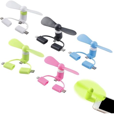 Ventilateur portable 3 en 1 pour téléphone portable, mini ventilateur pour téléphone portable, lot de 5, ventilateur USB portable, compatible avec iPhone Type-C et Android, petit téléphone portable (1/5)