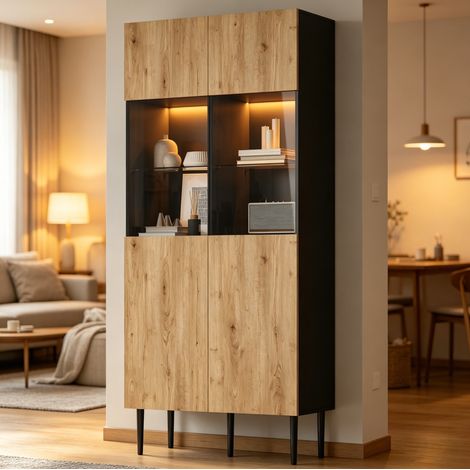 Vitrine 80x35x180 cm noir et naturel en MDF avec verre trempé, LED et 10 compartiments (1/4)