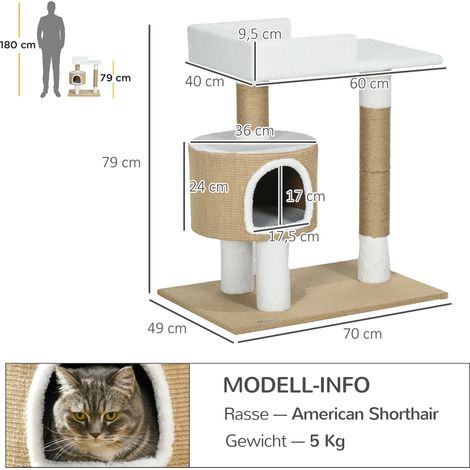 Arbre à chat 79 cm, griffoir en sisal, cabane et plateforme de détente, jute marron/blanc, idéal chat jusqu'à 8 kg. (1/5)
