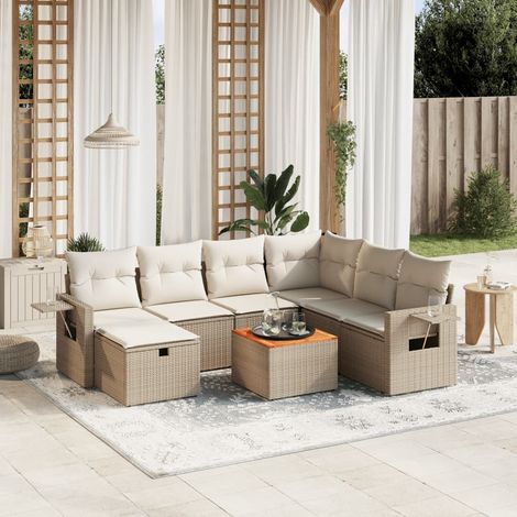 Ensemble Salon Jardin 8 Places Résine Tressée Beige avec Coussins - Table Acacia et Structure Acier (1/4)