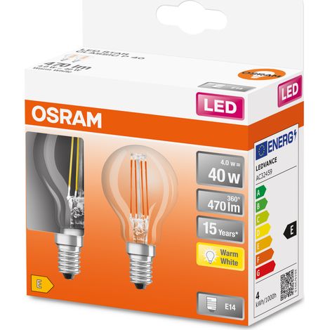 OSRAM LED Retrofit CLASSIC P Bombilla LED , Casquillo E14 , 2700 K , 4 W , Equivalente a 40W ,claro , Blanco cálido (1/4)