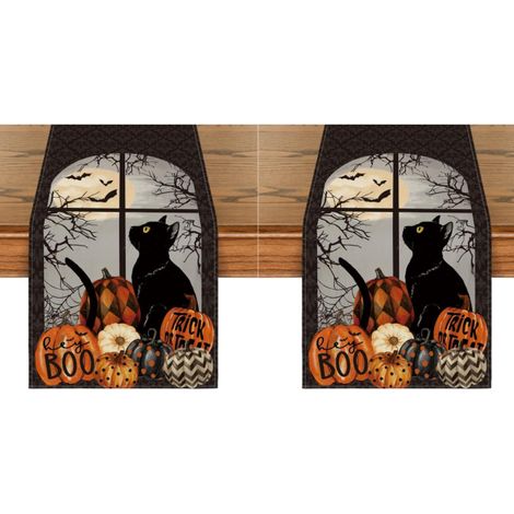 Camino de mesa de Halloween, decoración para fiestas en casa, 33 x 183 cm, diseño de gato negro y calabaza - Decoración de mesa de temporada (2 piezas) (1/5)