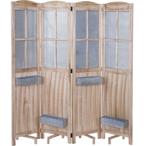 Paravent 4 panneaux avec 4 jardinières amovibles séparateur de pièce cloison de séparation en bois et métal 170x161x29cm 040003921