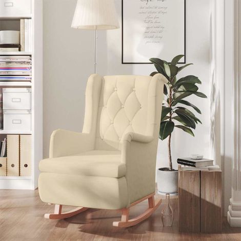 Beyamis Fauteuil en bois d'hévéa massif avec base à bascule, revêtu de tissu crème. (1/5)