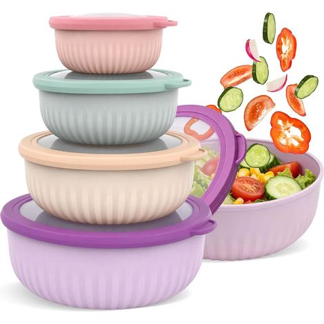 Lot de 4 Saladiers en Plastique avec Couvercle, Bols Mélangeurs Gigognes Sans BPA, Bols à Salade Empilables pour Service, Cuisine et Pâtisserie, Compatible Micro-ondes et Lave-vaisselle (1/5)