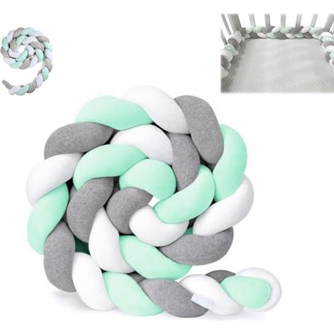 Tour de lit - Coussin à nœuds - Tour de lit bébé - Tour de lit tressé - Protection de bord de lit bébé - Tour de lit tressé à trois brins - 150 cm - Blanc + Gris + Vert - Protection pour bébé - Convie