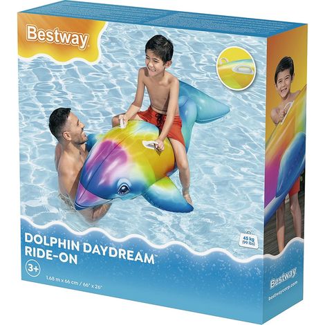 Bouée piscine enfant BESTWAY Dolphin Daydream ride-on 168 x 66 cm multicolore poignées Color Shield PVC