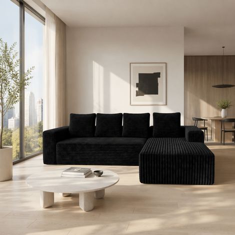 Divano modulare a L, chaise reversibile, no assemblaggio, due pezzi, corduroy nero (1/5)
