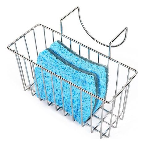 Soporte para esponjas de cocina, cesta para fregadero, organizador de fregadero, escurridor de cepillos y lavavajillas, color plateado, pequeño (18 x 6,9 x 9 cm). (1/5)