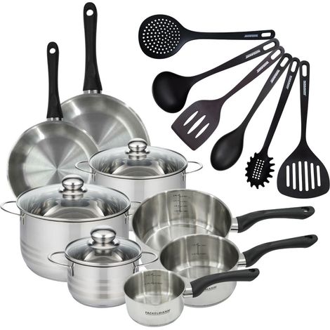Set 2 poêles 20 24 cm 3 casseroles 12 16 20 cm, 3 faitouts 16, 20 et 24 cm en inox et 6 ustensiles RPET Fackelmann Geneva (1/5)