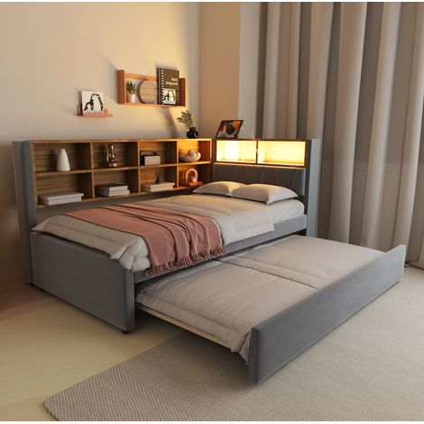 Sofá cama 213x103x98 cm gris oscuro en franela con cama nido, LED y puertos de carga (1/5)