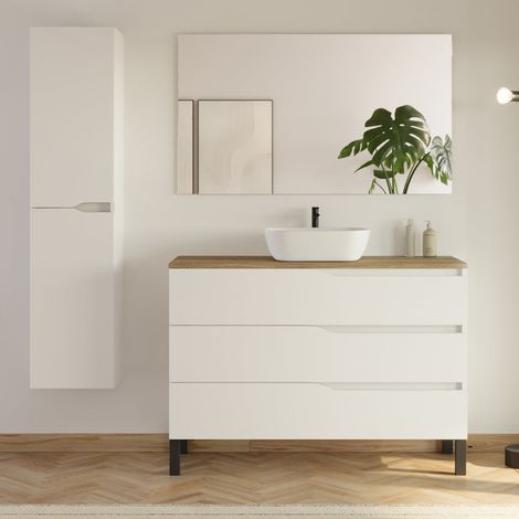 Meuble de salle de bain 120cm avec plateau et vasque arrondie Zeus - 3 tiroirs et colonne de rangement - blanc mat/medera miel - MATA