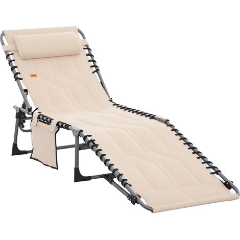 Transat pliable, chaise longue de jardin avec coussin, dossier inclinable 5 positions, tissu Oxford, 188 x 57 x 30 cm, beige