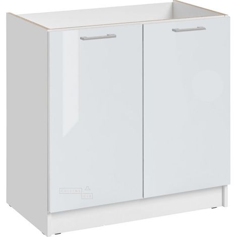 Cuisineandcie – Meuble sous-évier blanc brillant 2 portes L 80 cm – Amortisseurs pour fermeture douce – Rangement pour produits ménagers et poubelle automatique