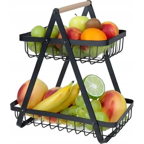 Corbeille métallique à deux étages avec poignée en bambou, noire, support en métal et anse en bois, coupe à fruits en métal (1/3)