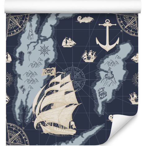 Papier peint Bateaux sur une carte, Trésors, Vintage, 50x1000 cm (1/5)