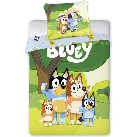 BLUEY PARURE DE LIT ENFANT 100% COTON - HOUSSE DE COUETTE 100X135 CM + TAIE D'OREILLER 40X60 CM - DESIGN RÉVERSIBLE FAMILLE HEEL