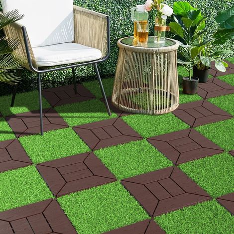 36 losetas de césped artificial 30,48 x 30,48 cm, verdes, sistema encajable OKMYHOME (1/5)